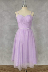Bridesmaid Dress Gold, Straps Lilac Tulle Tea Length Dress