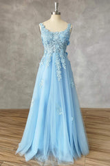 Bridesmaid Dress Orange, Light Blue Lace Appliques A-line Formal Dress