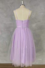 Bridesmaids Dress Gold, Straps Lilac Tulle Tea Length Dress