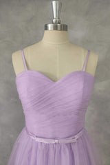 Bridesmaid Dresses Tulle, Straps Lilac Tulle Tea Length Dress