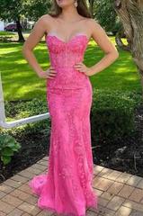Evening Gown, Mermaid Sweetheart Hot Pink Lace Appliques Prom Dresses
