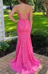 Black Bridesmaid Dress, Mermaid Sweetheart Hot Pink Lace Appliques Prom Dresses