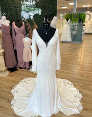 Wedding Dress Elegent, Mermaid V-Neck Court Train Long Sleeves Wedding Dress With Appliques