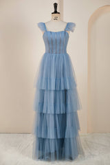 Evening Dresses For Weddings Guest, Dusty Blue Flutter Sleeves A-line Multi-Layers Long Prom Dress with Slit