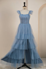 Evening Dress For Wedding Guest, Dusty Blue Flutter Sleeves A-line Multi-Layers Long Prom Dress with Slit