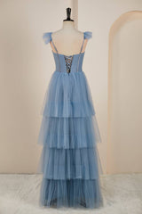 Evening Dresses Off The Shoulder, Dusty Blue Flutter Sleeves A-line Multi-Layers Long Prom Dress with Slit