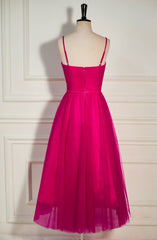 Party Fitness, Fuchsia Straps A-line Tulle Tea-Length Prom Dress