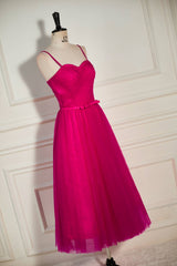 Long Black Dress, Fuchsia Straps A-line Tulle Tea-Length Prom Dress
