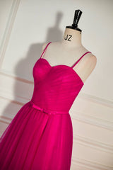 Cute Dress Outfit, Fuchsia Straps A-line Tulle Tea-Length Prom Dress