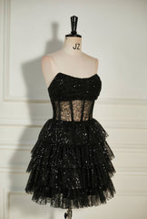 Prom Dresses 2040 Cheap, Black Sequined Strapless Multi-Layers Tulle Homecoming Dress