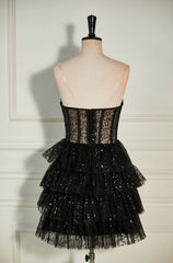 Prom Dress Sleeve, Black Sequined Strapless Multi-Layers Tulle Homecoming Dress