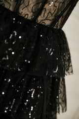 Prom Dresses Sleeve, Black Sequined Strapless Multi-Layers Tulle Homecoming Dress