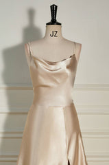 Homecoming Dresses Knee Length, Champagne Cowl Neck Straps A-line Satin Long Dress with Slit