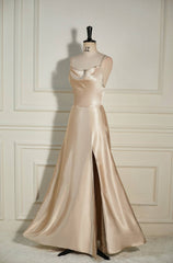 Homecoming Dress Pink, Champagne Cowl Neck Straps A-line Satin Long Dress with Slit