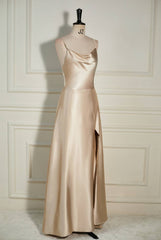 Homecoming Dresses Pink, Champagne Cowl Neck Straps A-line Satin Long Dress with Slit