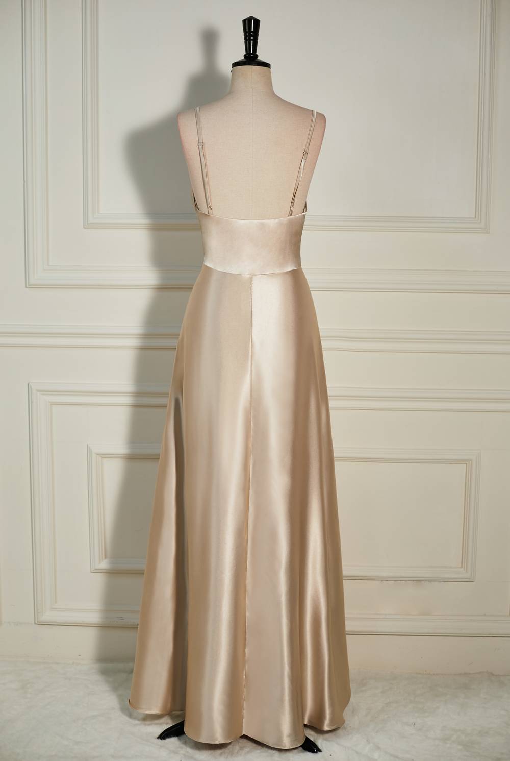 Homecoming Dresses With Sleeves, Champagne Cowl Neck Straps A-line Satin Long Dress with Slit