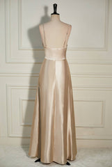 Homecoming Dresses With Sleeves, Champagne Cowl Neck Straps A-line Satin Long Dress with Slit