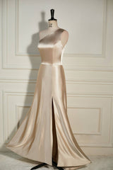 Homecoming Dress Sparkle, Champagne One Shoulder A-line Satin Long Dress with Slit