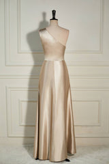 Homecoming Dresses Sparkles, Champagne One Shoulder A-line Satin Long Dress with Slit