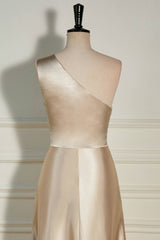 Homecoming Dresses Bodycon, Champagne One Shoulder A-line Satin Long Dress with Slit