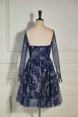 Homecoming Dresses Long, Dark Navy Sequined Long Sleeves A-line Homecoming Dress