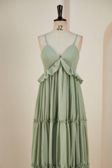 Formal Dress Places Near Me, Sage Lace-Up Deep V Neck Ruffled Empire Long Prom Dress