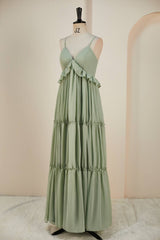 Formal Dress For Wedding, Sage Lace-Up Deep V Neck Ruffled Empire Long Prom Dress