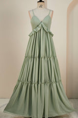 Formal Dresses For Wedding, Sage Lace-Up Deep V Neck Ruffled Empire Long Prom Dress