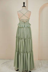 Formal Dressing For Wedding, Sage Lace-Up Deep V Neck Ruffled Empire Long Prom Dress