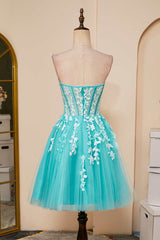 Lace Dress, Sky Blue Appliques Strapless A-line Homecoming Dress