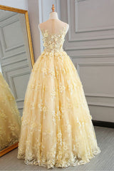 Formal Dress For Sale, Yellow Sheer Neck Tulle Lace Floral Floor Length Prom Dresses