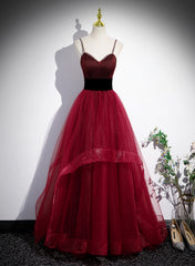 Formal Dresses Floral, Wine Red Straps Beaded Sweetheart Tulle Formal Dress, Wine Red A-Line Prom Dress