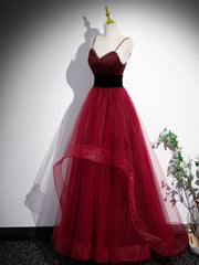 Formal Dresses To Wear To A Wedding, Wine Red Straps Beaded Sweetheart Tulle Formal Dress, Wine Red A-Line Prom Dress