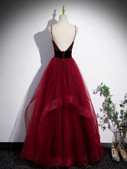 Formal Dresses Graduation, Wine Red Straps Beaded Sweetheart Tulle Formal Dress, Wine Red A-Line Prom Dress