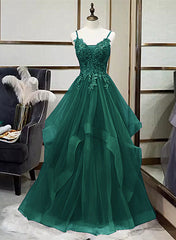 Formal Dresses Cocktail, A-Line Tulle With Lace Applique Straps Long Party Dress, Green Tulle Prom Dress