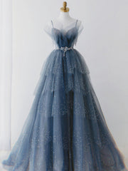 Party Dresses Modest, Blue Shiny Tulle Layers Straps Beaded Long Prom Dress, A Line Chic Evening Dress