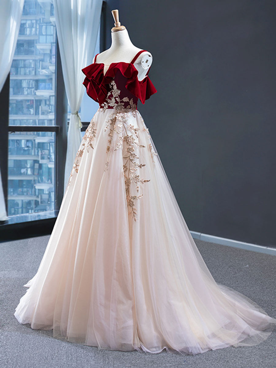 Formal Dress Cheap, Uniquedresss Vintage Red Straps Tulle Formal Dress, Elegant Applique Prom Dress