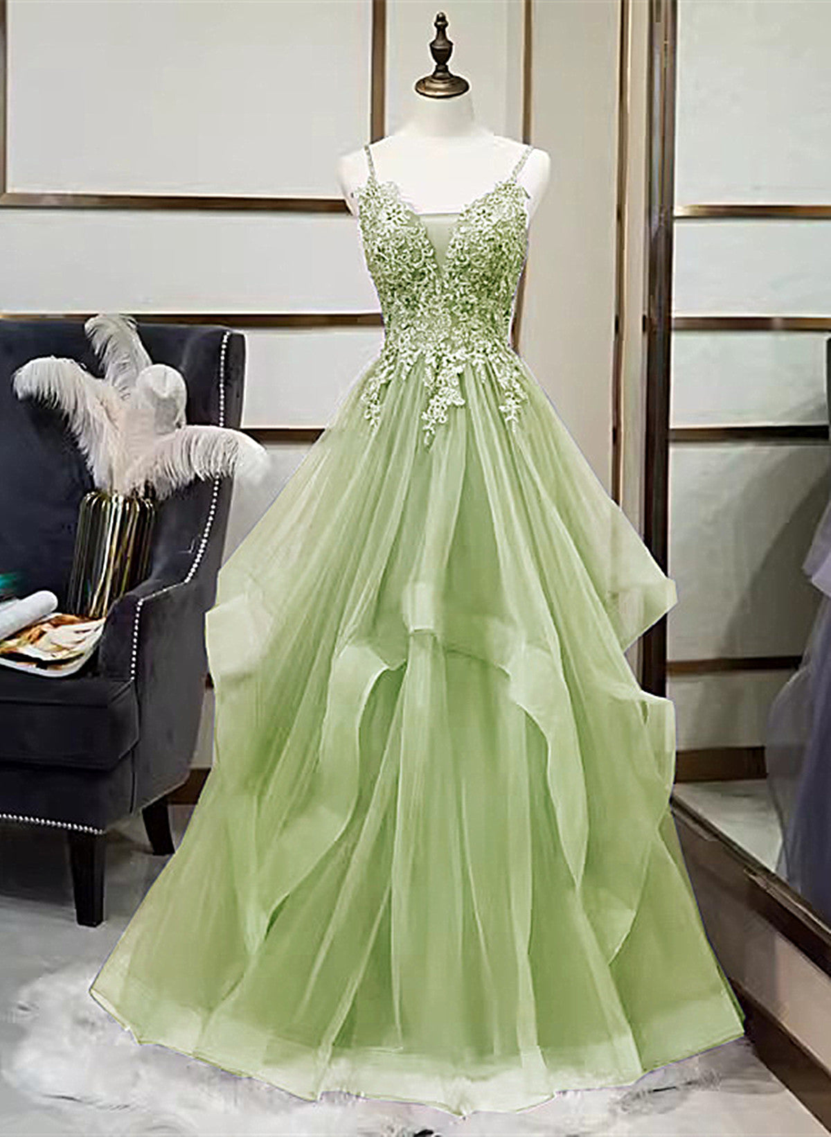 Formal Dress For Wedding Party, A-Line Tulle With Lace Applique Straps Long Party Dress, Green Tulle Prom Dress