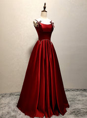 Formal Dress Long Sleeved, Wine Red Satin Straps Round Neckline Party Dress, Wine Red Long Prom Dress