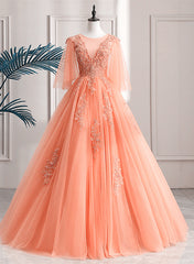 Formal Dresses For Girls, Lovey Tulle V-Neckline Long Party Dress With Lace, A-Line Tulle Sweet 16 Dress