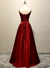 Formal Dresses Long Sleeves, Wine Red Satin Straps Round Neckline Party Dress, Wine Red Long Prom Dress