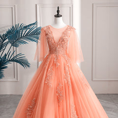 Formal Dresses With Sleeves For Weddings, Lovey Tulle V-Neckline Long Party Dress With Lace, A-Line Tulle Sweet 16 Dress