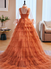 Fairy Dress, Unique High Neck Tulle Long Prom Dresses, Orange Formal Evening Dresses