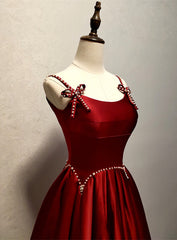 Formal Dresses Long Sleeved, Wine Red Satin Straps Round Neckline Party Dress, Wine Red Long Prom Dress