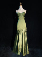 Groene chique stijl lange satijnen lieverd feestjurk, groene formele jurk