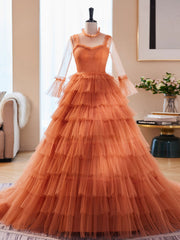 Formal Dress With Embroidered Flowers, Unique High Neck Tulle Long Prom Dresses, Orange Formal Evening Dresses