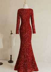 Formal Dress Elegant, Wine Red Long Sleeves Mermaid Long Formal Dress, Wine Red Prom Dress