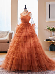 Floral Prom Dress, Unique High Neck Tulle Long Prom Dresses, Orange Formal Evening Dresses
