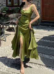 Formal Dresses Australia, Green Backless Ruffles A-Line Long Prom Dress