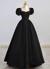 Formal Dress Boutique, Black Sweetheart Short Sleeves Beaded Party Dress, A-Line Black Satin Prom Dress